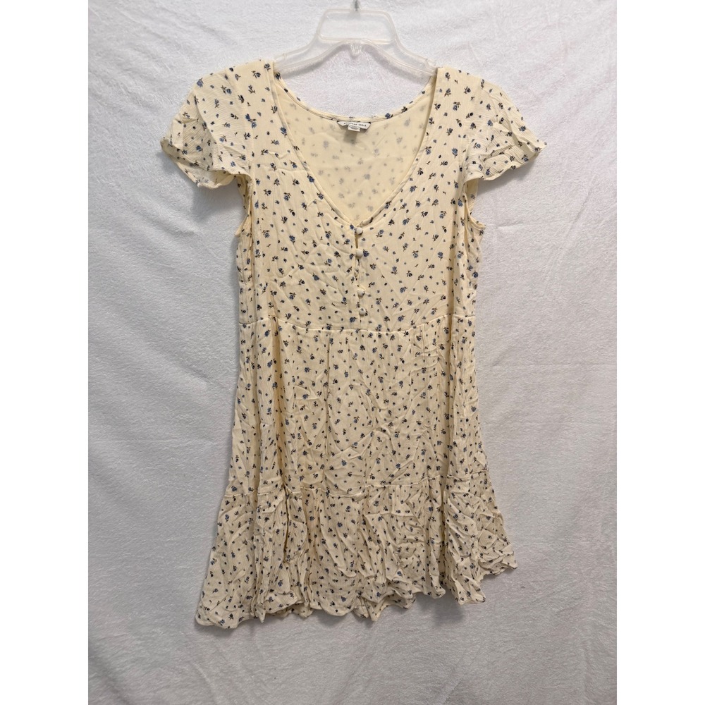 American Eagle Cream Blue Floral Short Sleeve Tiered Mini Dress Womens Medium